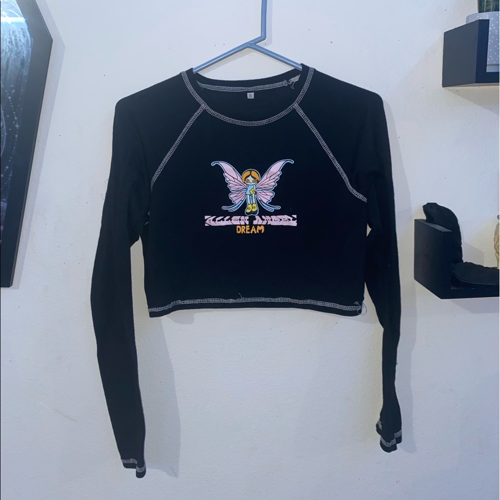 Crew Neck T-Shirt Long Sleeve Floral/Cartoon Graphic Slim Fitted Crop Top